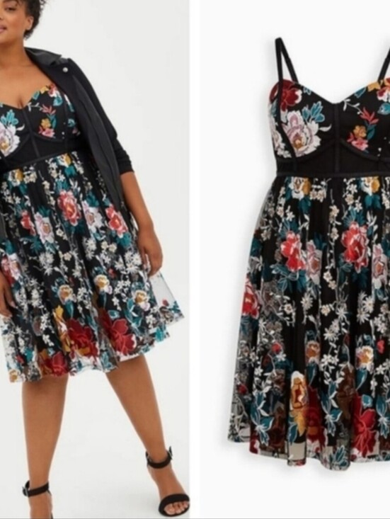 torrid Dresses & Skirts - Torrid Black Embroidered Floral Mesh Dress with Teal & Gold Accents 18